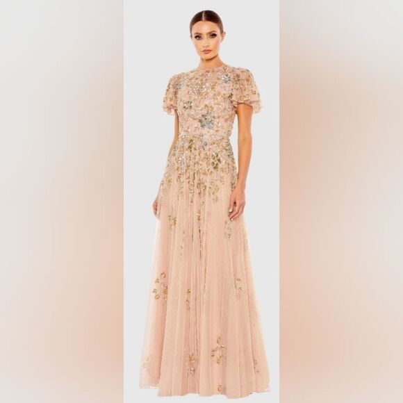 Mac Duggal 5717 Embellished Butterfly Sleeve High Neck Gown NWT size 14 Taupe - Picture 1 of 7